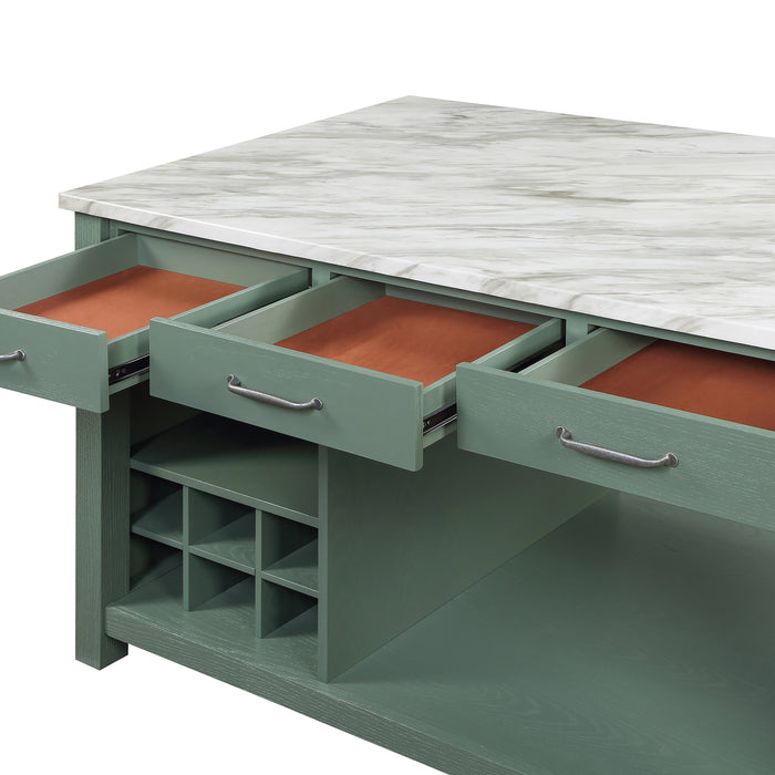 Close-up detail view of open drawers and white marble-like tabletop on a farmhouse green counter height table on a white background