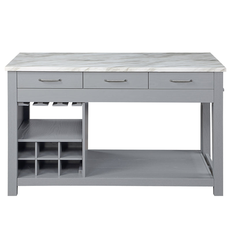 Front-facing view of farmhouse light gray counter height table with white marble-like tabletop and open storage on a white background