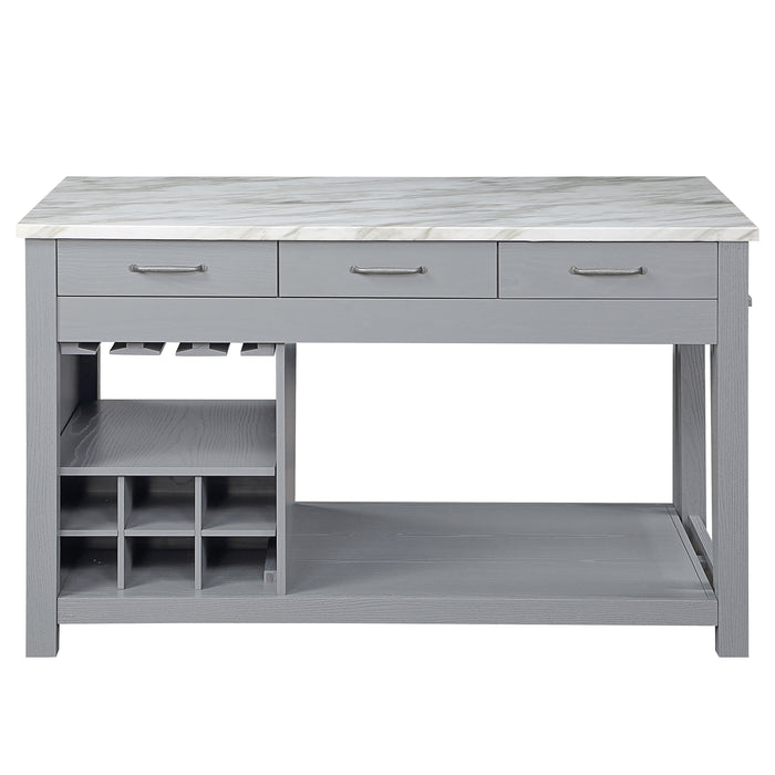 Front-facing view of farmhouse light gray counter height table with white marble-like tabletop and open storage on a white background 