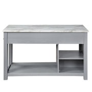 Back-facing view of farmhouse light gray counter height table with white marble-like tabletop and open storage on a white background
