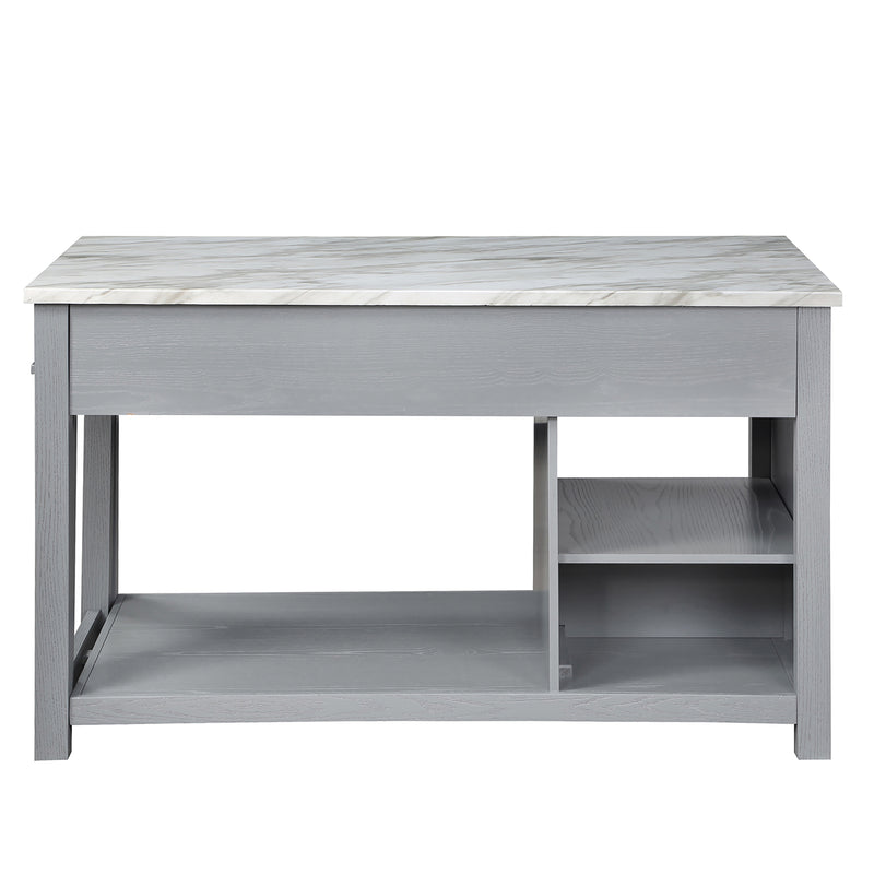 Back-facing view of farmhouse light gray counter height table with white marble-like tabletop and open storage on a white background