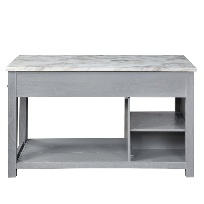 Back-facing view of farmhouse light gray counter height table with white marble-like tabletop and open storage on a white background 