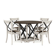 Dark walnut and antique white farmhouse style 5-Piece dining set against a white background.