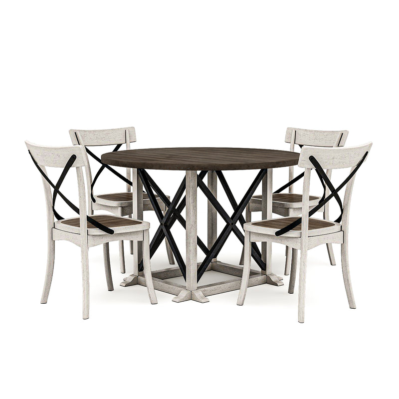 Dark walnut and antique white farmhouse style 5-Piece dining set against a white background.