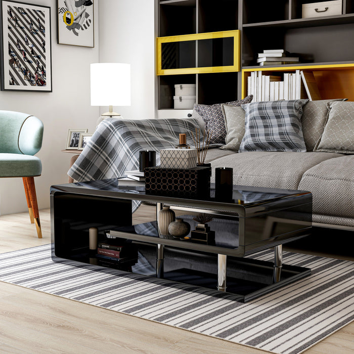 Left angled contemporary Black geometric coffee table in a living room with accessories