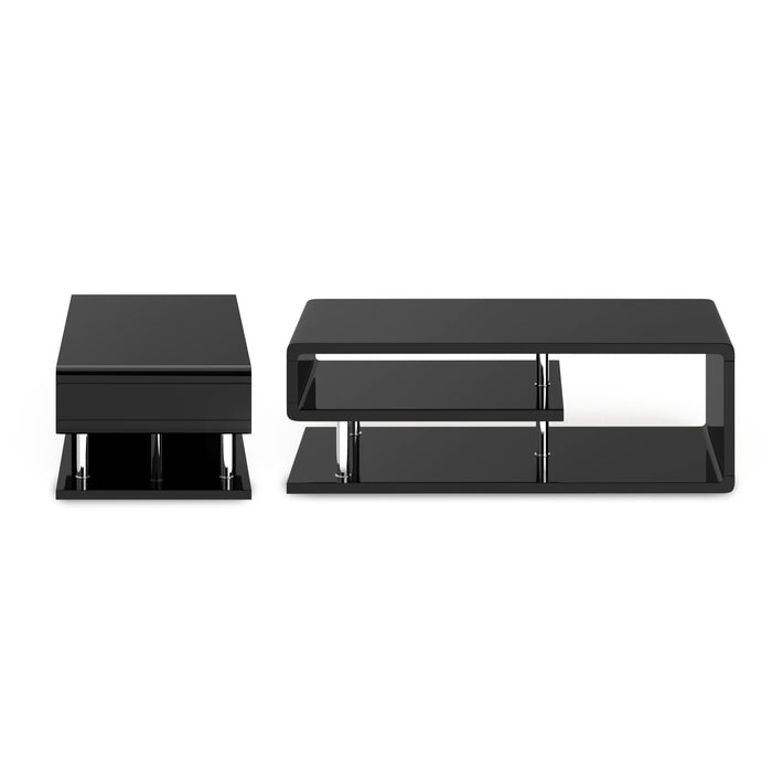 Front-facing contemporary Black geometric coffee table on a white background
