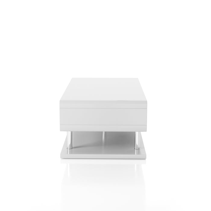 Side view contemporary white geometric coffee table on a white background