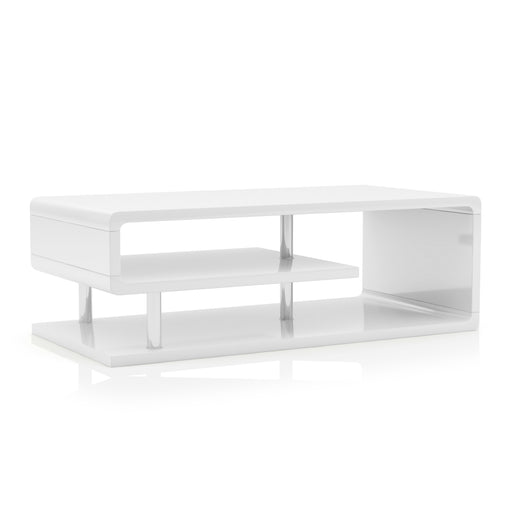 Right angled contemporary white geometric coffee table on a white background
