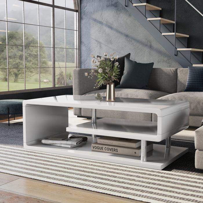 Right angled contemporary white geometric coffee table in a living room with accessories