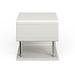 Front-facing side view contemporary white geometric end table on a white background