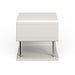 Front-facing side view contemporary white geometric end table on a white background