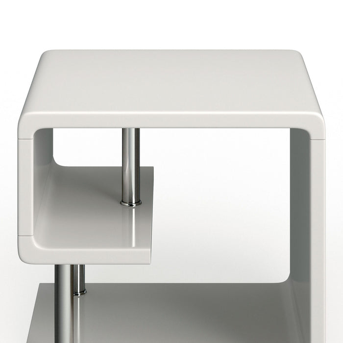 Front-facing close up contemporary white geometric end table on a white background