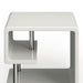 Front-facing close up contemporary white geometric end table on a white background