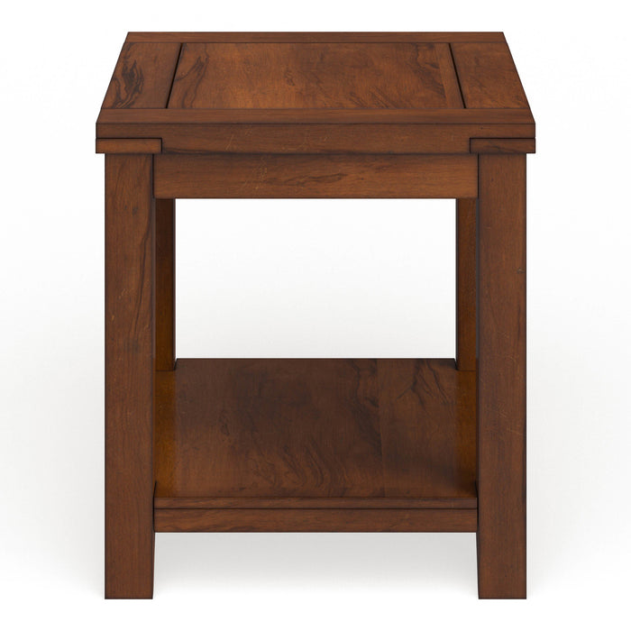 Front-facing side view of transitional cherry wood end table with open bottom shelf on a white background