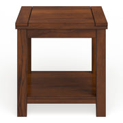 Front-facing view of transitional cherry wood end table with open bottom shelf on a white background