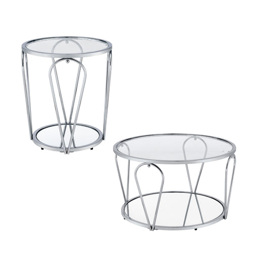 Right angled view of modern round chrome coffee table and end table set with teardrop legs and mirrored lower shelves on a white background