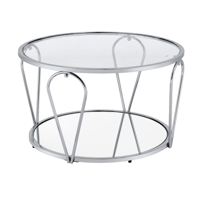 Right angled side view of modern round chrome coffee table with teardrop legs and mirrored lower shelf on a white background