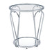 Front-facing side view of modern round chrome end table with teardrop legs and mirrored lower shelf on a white background