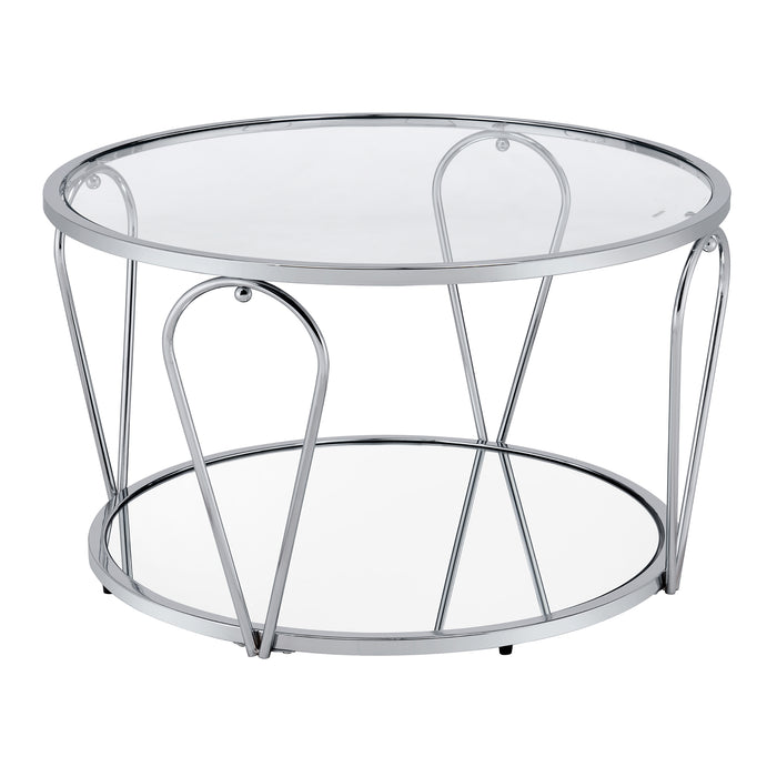 Right angled view of modern round chrome coffee table with teardrop legs and mirrored lower shelf on a white background