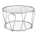 Right angled view of modern round chrome coffee table with teardrop legs and mirrored lower shelf on a white background