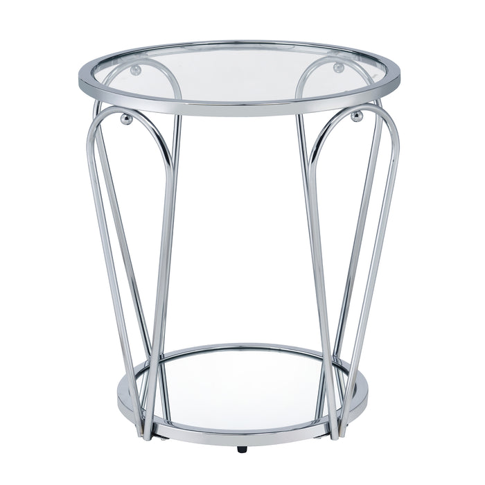 Front-facing view of modern round chrome end table with teardrop legs and mirrored lower shelf on a white background