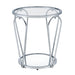 Front-facing view of modern round chrome end table with teardrop legs and mirrored lower shelf on a white background