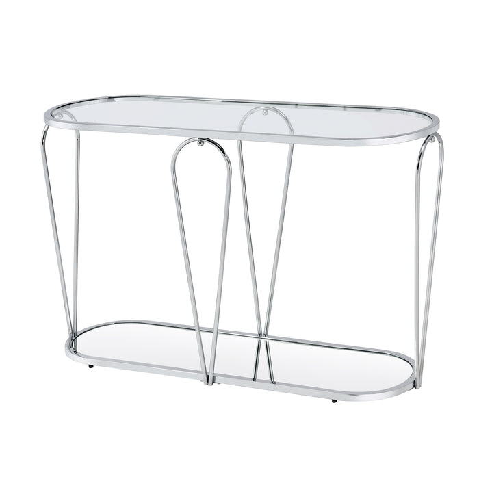 Left angled view of modern round chrome console table with teardrop legs and mirrored lower shelf on a white background