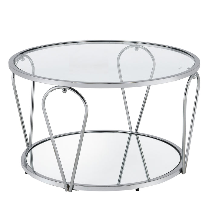 Right angled modern round chrome steel coffee table with open teardrop shape legs, a tempered glass top, and mirror open bottom shelf on a white background.