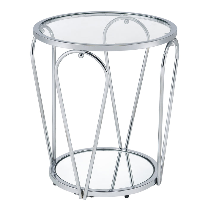 Right angled modern round chrome end table with open teardrop shape steel legs, a clear tempered glass top, and mirror open bottom shelf on a white background.