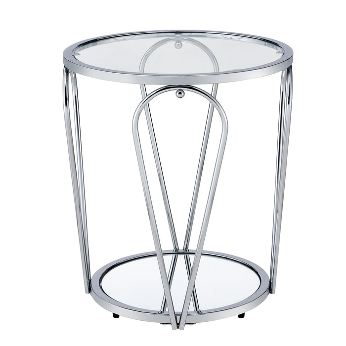Side-facing modern round chrome end table with open teardrop shape steel legs, a clear tempered glass top, and mirror open bottom shelf on a white background.