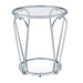 Front-facing modern round chrome end table with open teardrop shape steel legs, a clear tempered glass top, and mirror open bottom shelf on a white background.