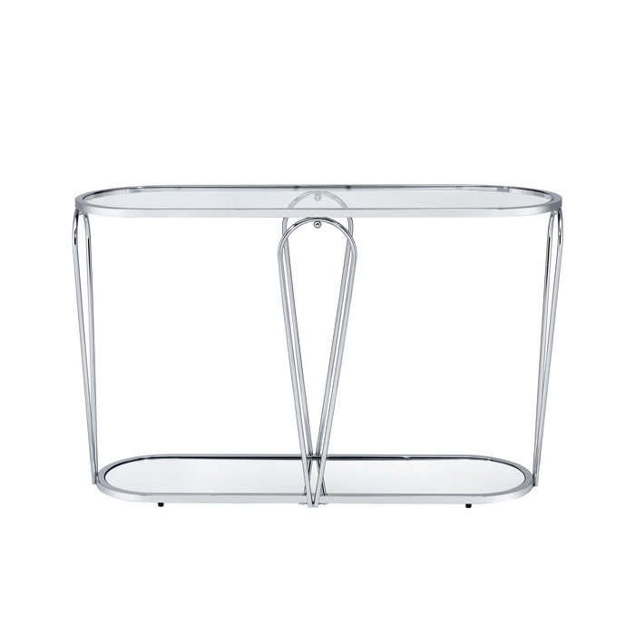 Front-facing modern chrome console table with open teardrop shape steel legs, a rounded tempered glass top, and mirror open bottom shelf on a white background.