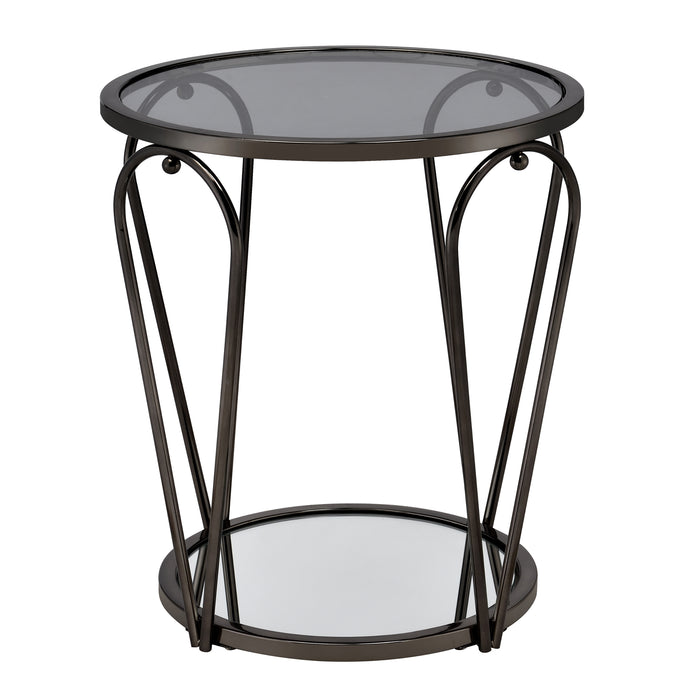 Front-facing view of modern round black nickel end table with teardrop legs and mirrored lower shelf on a white background