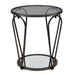 Front-facing view of modern round black nickel end table with teardrop legs and mirrored lower shelf on a white background