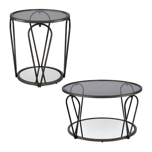 Front-facing view of modern round black nickel coffee table and end table with teardrop legs and mirrored lower shelf on a white background
