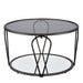 Front-facing side view of modern round black nickel coffee table with teardrop legs and mirrored lower shelf on a white background