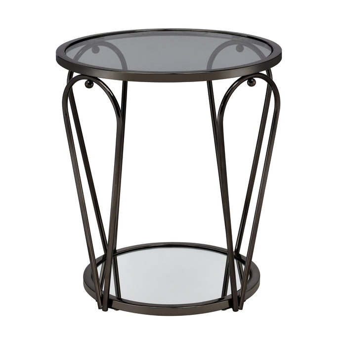 Front-facing side view of modern round black nickel end table with teardrop legs and mirrored lower shelf on a white background