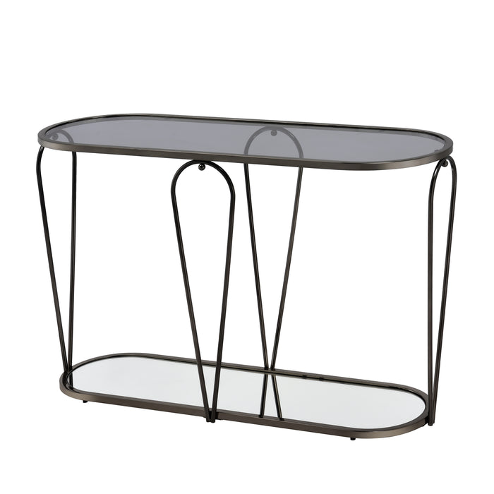 Left angled view of modern oval black nickel console table with teardrop legs and mirrored lower shelf on a white background