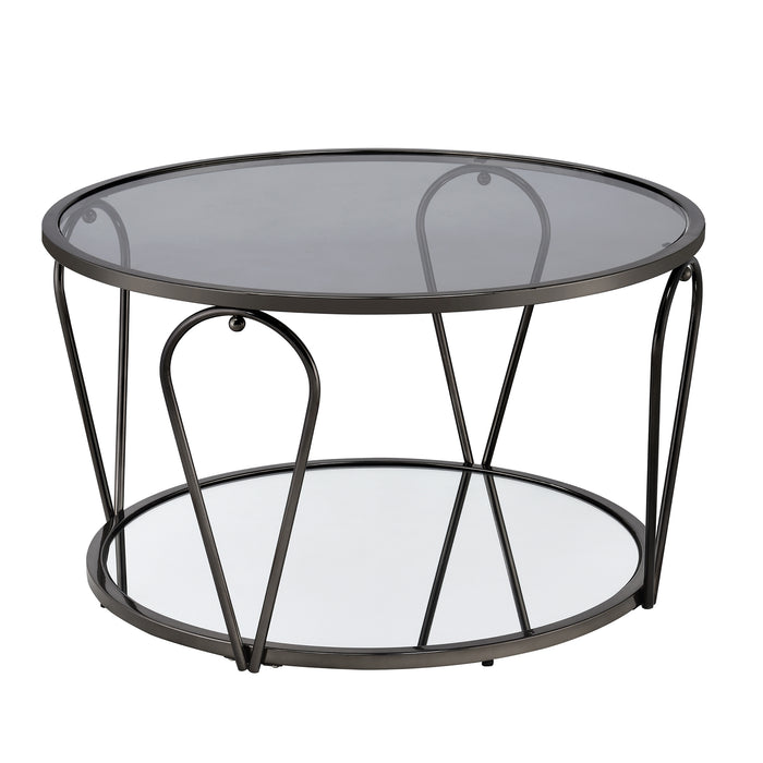 Right angled modern round black nickel coffee table with open teardrop shape steel legs, a gray tempered glass top, and mirror open bottom shelf on a white background.