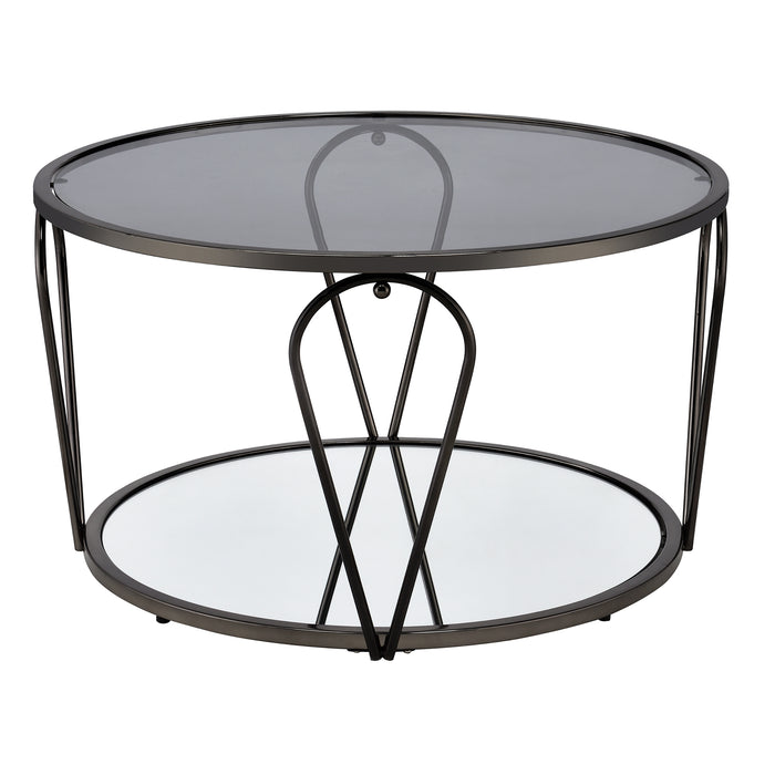 Side-facing modern round black nickel coffee table with open teardrop shape steel legs, a gray tempered glass top, and mirror open bottom shelf on a white background.
