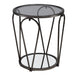 Right angled modern round black nickel end table with open teardrop shape steel legs, a gray tempered glass top, and mirror open bottom shelf on a white background.