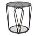 Side-facing modern round black nickel end table with open teardrop shape steel legs, a gray tempered glass top, and mirror open bottom shelf on a white background.