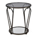 Front-facing modern round black nickel end table with open teardrop shape steel legs, a gray tempered glass top, and mirror open bottom shelf on a white background.