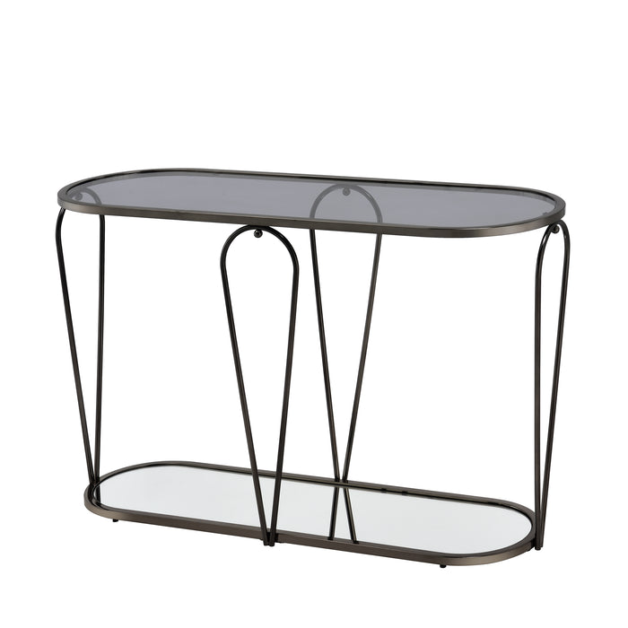 Left angled modern black nickel console table with open teardrop shape steel frame, a rounded gray tempered glass top, and mirror open bottom shelf on a white background.