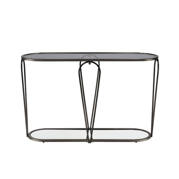 Front-facing modern black nickel console table with open teardrop shape steel frame, a rounded gray tempered glass top, and mirror open bottom shelf on a white background.