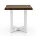 Front-facing side view of a modern live edge oak and white end table on a white background