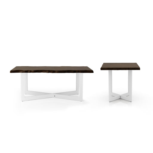 Front-facing modern live edge oak and white coffee and side table set on a white background