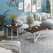 Right angled modern live edge oak and white coffee and side table set in a living room with accessories