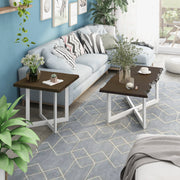 Right angled modern live edge oak and white coffee and side table set in a living room with accessories