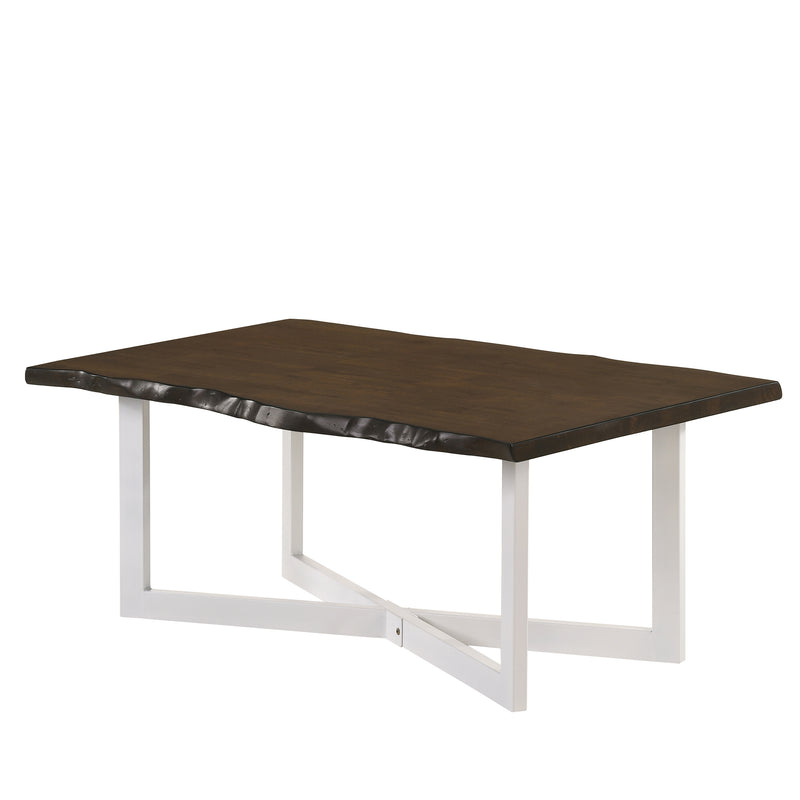 Left angled modern live edge oak and white coffee table on a white background